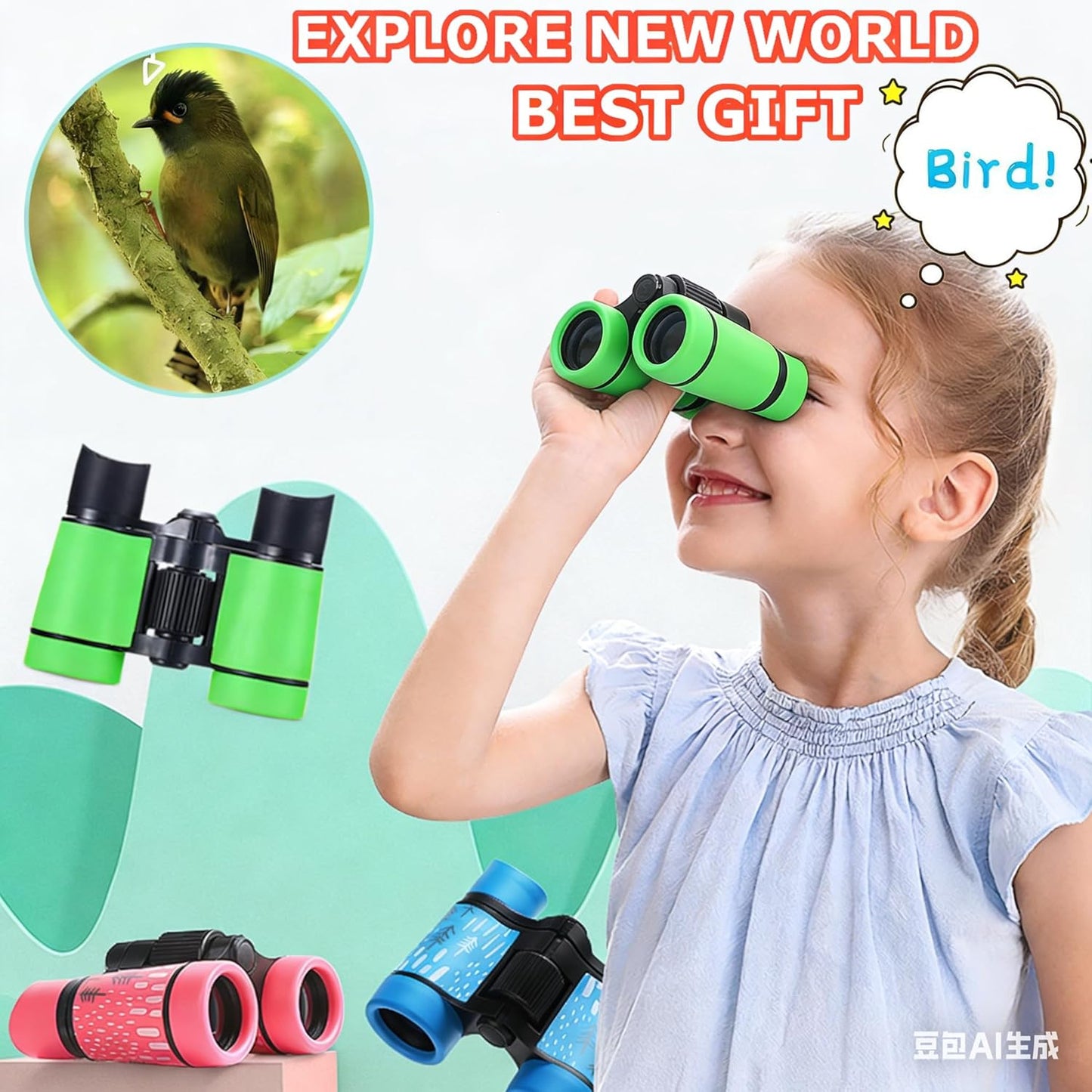 Kids Binoculars Best Gifts for 3-12 Years Boys Girls High-Resolution Optics Shockproof Mini Compact Binocuolar Toys Folding Small Telescope for Bird Watching Camping Outdoor Play