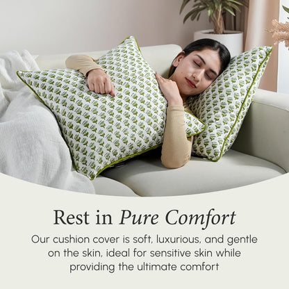 CPC 100% Cotton Throw Pillow Covers 18x18 Inch, Set of 2 Green Block Print Pattern Couch Pillow, Cute Boho Decorative Pillows for Living Room, Bedroom with Hidden Zipper- Agate Green