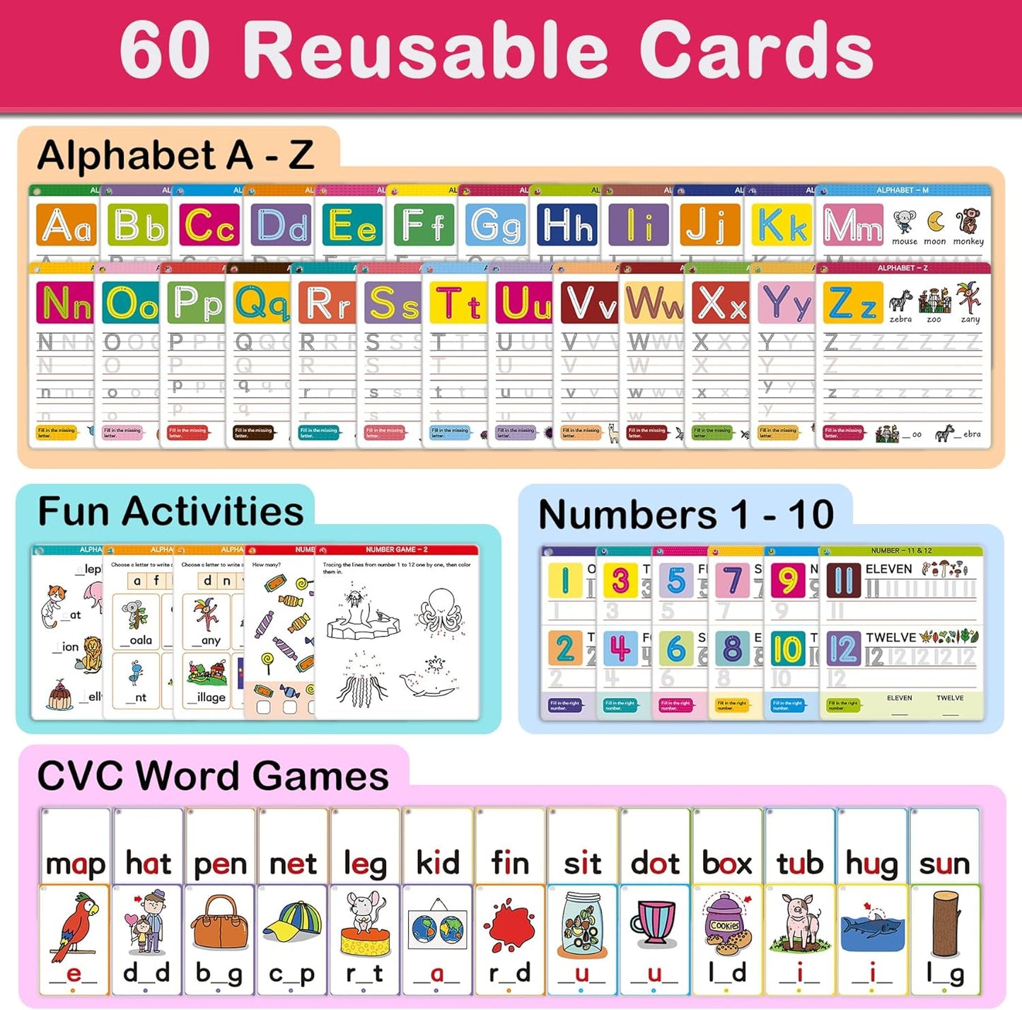 Preschool Learning Activities - Reusable Handwriting Tracing Books for Kids, PreK Kindergarten Workbooks, CVC Word Game, Numbers & Alphabet Educational Learning Toys for 3, 4, 5, 6 Year Old