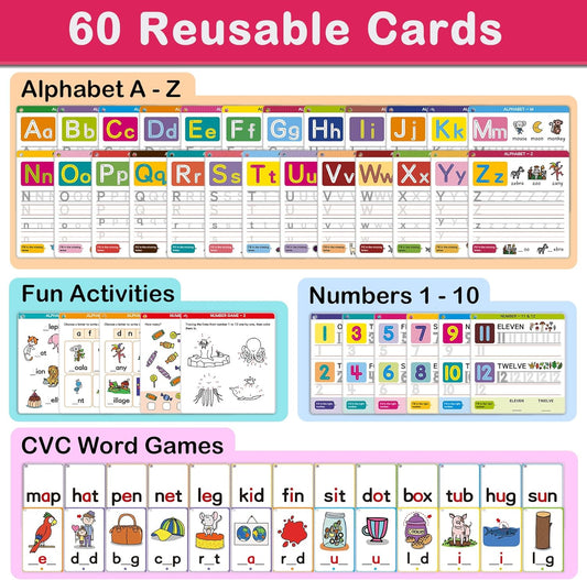 Preschool Learning Activities - Reusable Handwriting Tracing Books for Kids, PreK Kindergarten Workbooks, CVC Word Game, Numbers & Alphabet Educational Learning Toys for 3, 4, 5, 6 Year Old