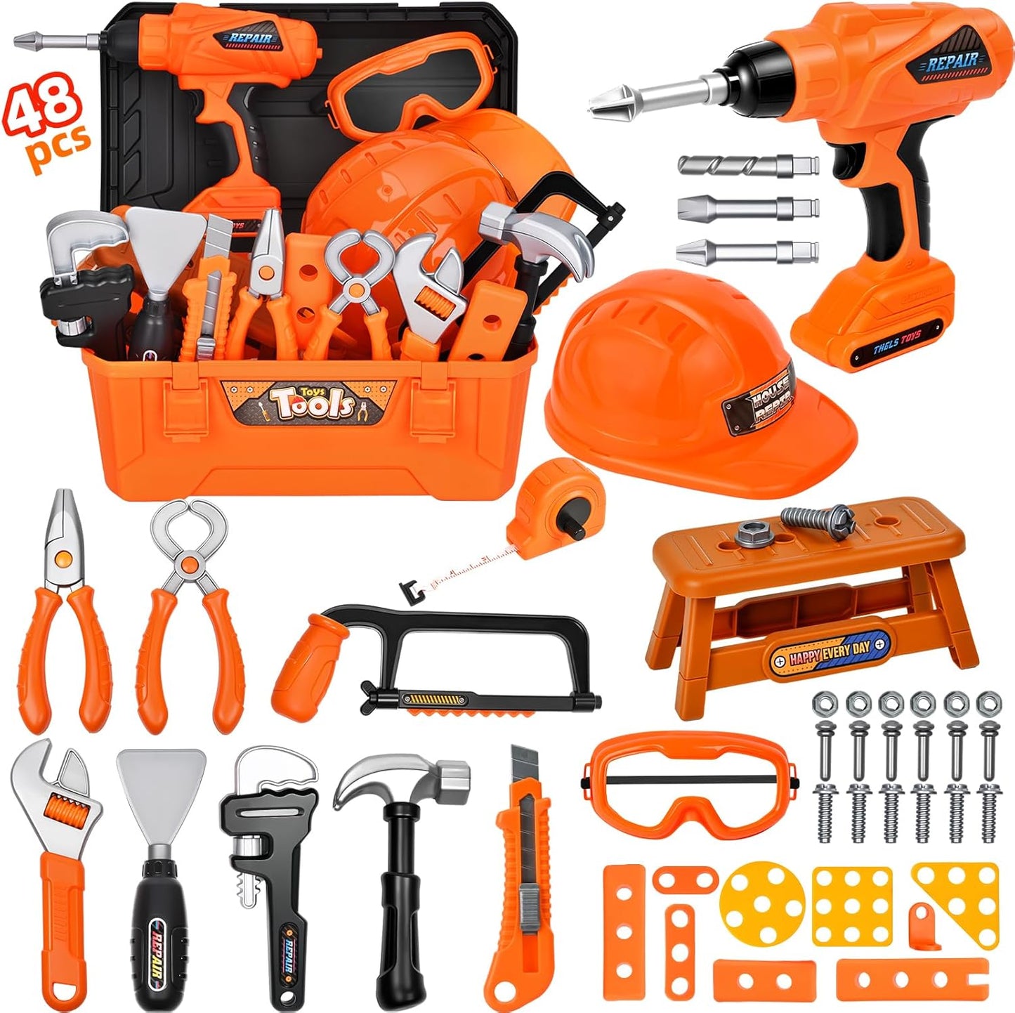 Kids Tool Set 49 PCS, Portable Tool Bag with Battery Powered Toy Drill & Adjustable Belt, Pretend Play Toddler Tool Set, Construction Toys for Boys & Girls Age 3-8, STEM Gifts