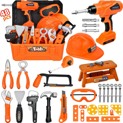 Kids Tool Set 49 PCS, Portable Tool Bag with Battery Powered Toy Drill & Adjustable Belt, Pretend Play Toddler Tool Set, Construction Toys for Boys & Girls Age 3-8, STEM Gifts