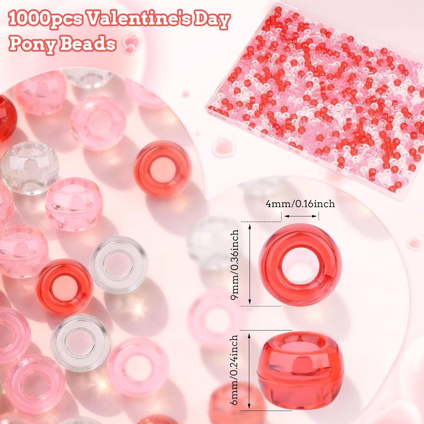 1000Pcs Valentine's Day Pony Beads Pink Red White Bracelets Crafts 6x9mm Bulk Plastic Pony Valentine Beads for Jewelry Making Party Party DIY Crafts Necklace Keychain Romantic Accessories