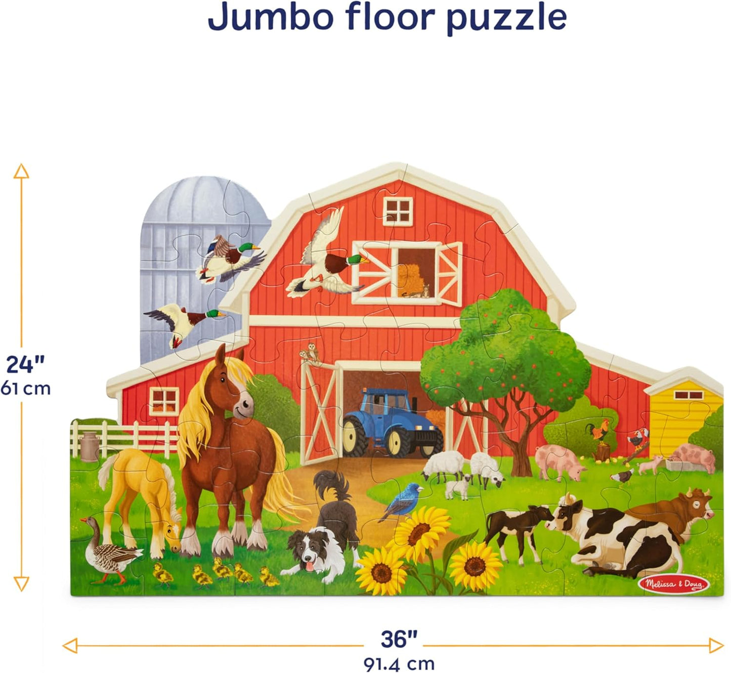 Melissa & Doug Busy Barn Shaped Jumbo Floor Puzzle, 32-Piece Barn-Shaped Jigsaw Puzzle with Farm Animals, 3 x 2 Foot Toddler Puzzles for Kids Ages 3+