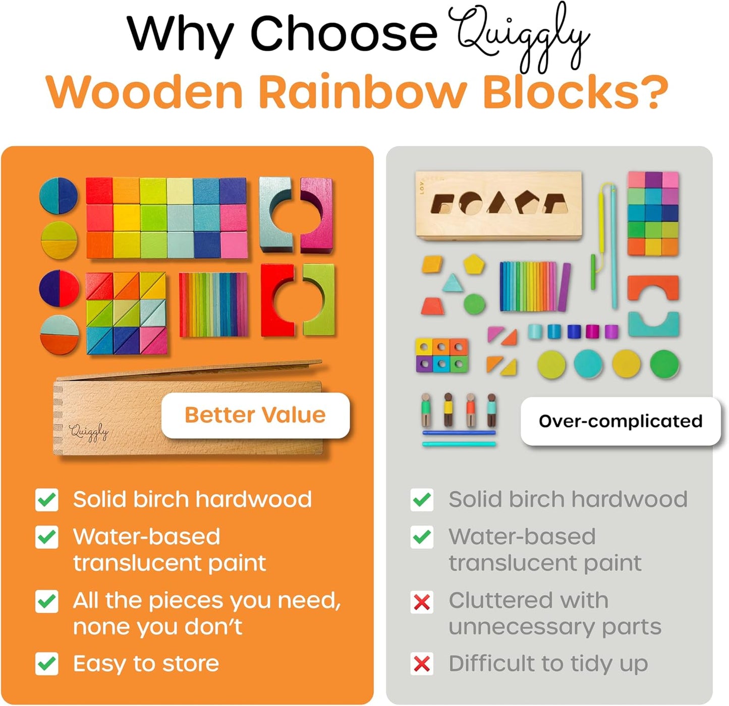Quiggly Montessori Wooden Rainbow Building Blocks Set | 68-Piece Educational STEM Toy for Toddlers | Includes Storage Box with Carry Handles | Ideal for Ages 12-48+ Months (Wooden Storage Box)