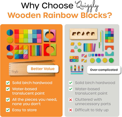 Quiggly Montessori Wooden Rainbow Building Blocks Set | 68-Piece Educational STEM Toy for Toddlers | Includes Storage Box with Carry Handles | Ideal for Ages 12-48+ Months (Wooden Storage Box)