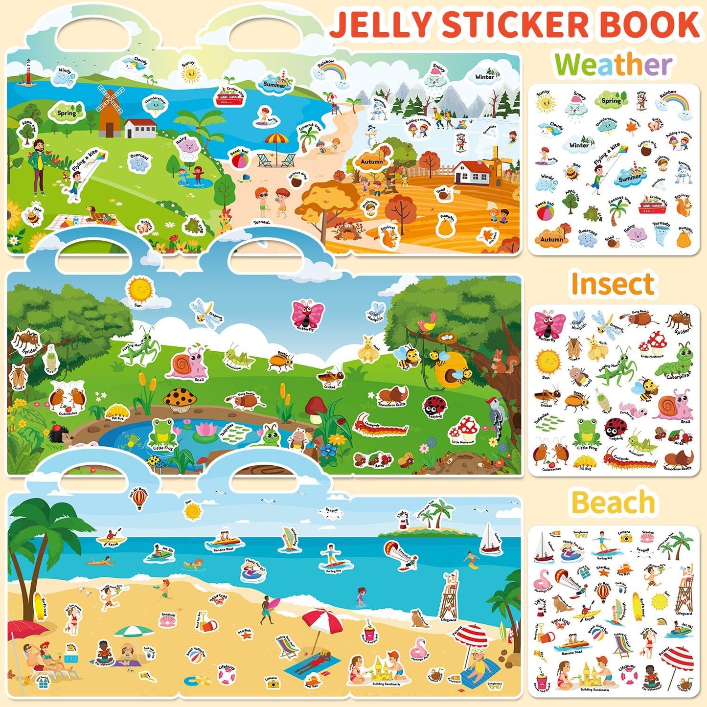 6 Sets Reusable Sticker Book for Toddlers 3-6, Jelly Sticker Books for Toddler, Travel Sticker Activity Toys for Kids 3 4 5 6 Years Old Girls & Boys
