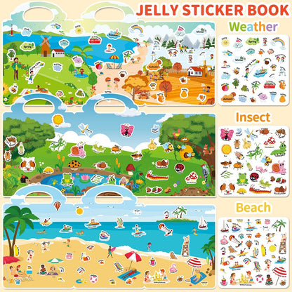 6 Sets Reusable Sticker Book for Toddlers 3-6, Jelly Sticker Books for Toddler, Travel Sticker Activity Toys for Kids 3 4 5 6 Years Old Girls & Boys