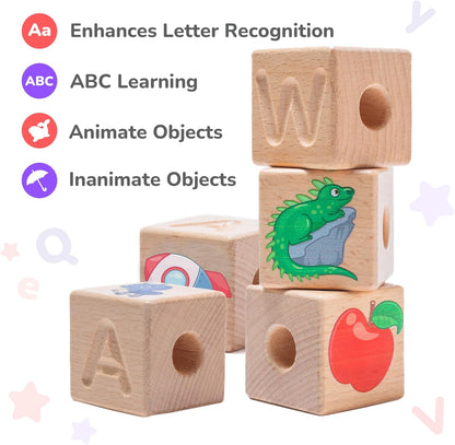 Bimi Boo Alphabet Lacing Beads for Toddlers - ABC Fine Motor Letter Threading Wooden Toy with Objects & Animals (26 Large Stringing Blocks, 2 Ropes, Cotton Bag)
