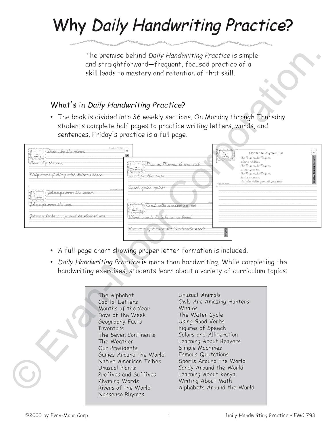 Evan-Moor Daily Handwriting Practice Contemporary Cursive, Kindergarten-Grade 6, Homeschooling and Classroom Resource Workbook, Penmanship, Writing, Letter Placement, Spacing, Alphabet Synonyms