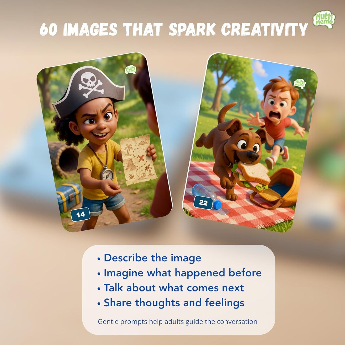 Talkiyou Kids Conversation Cards – 60 Picture Prompts & 240 Open-Ended Questions for Kids Ages 5-12 – Spark Imagination, Emotions & Meaningful Talks – Screen-Free Family Game