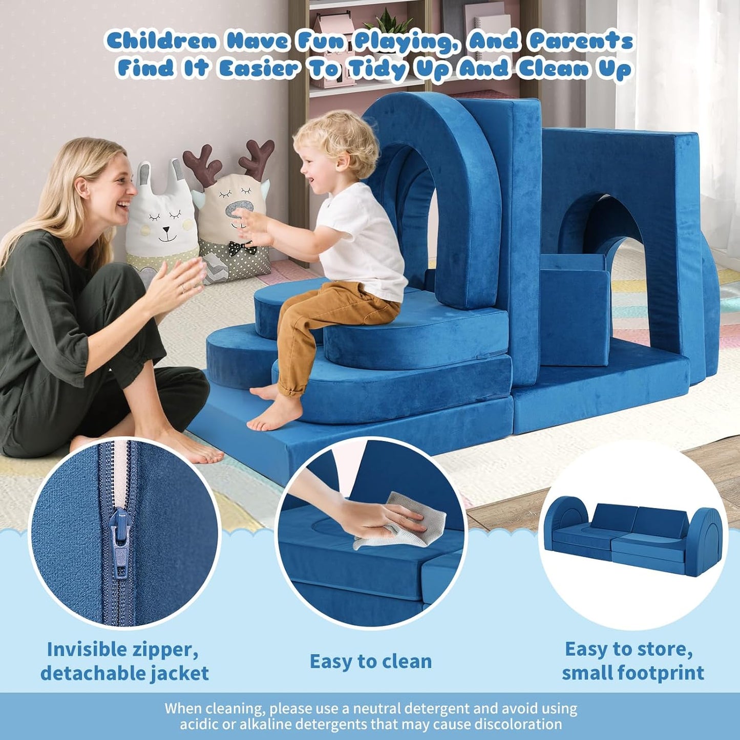 Tangram Puzzles modular kids play couch building fort, Children explorer sofa with Ball Pit, Kids playroom convertible furniture for Inspiring Child Creativity, Made entirely of sponge (Blue Series)