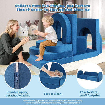 Tangram Puzzles modular kids play couch building fort, Children explorer sofa with Ball Pit, Kids playroom convertible furniture for Inspiring Child Creativity, Made entirely of sponge (Blue Series)