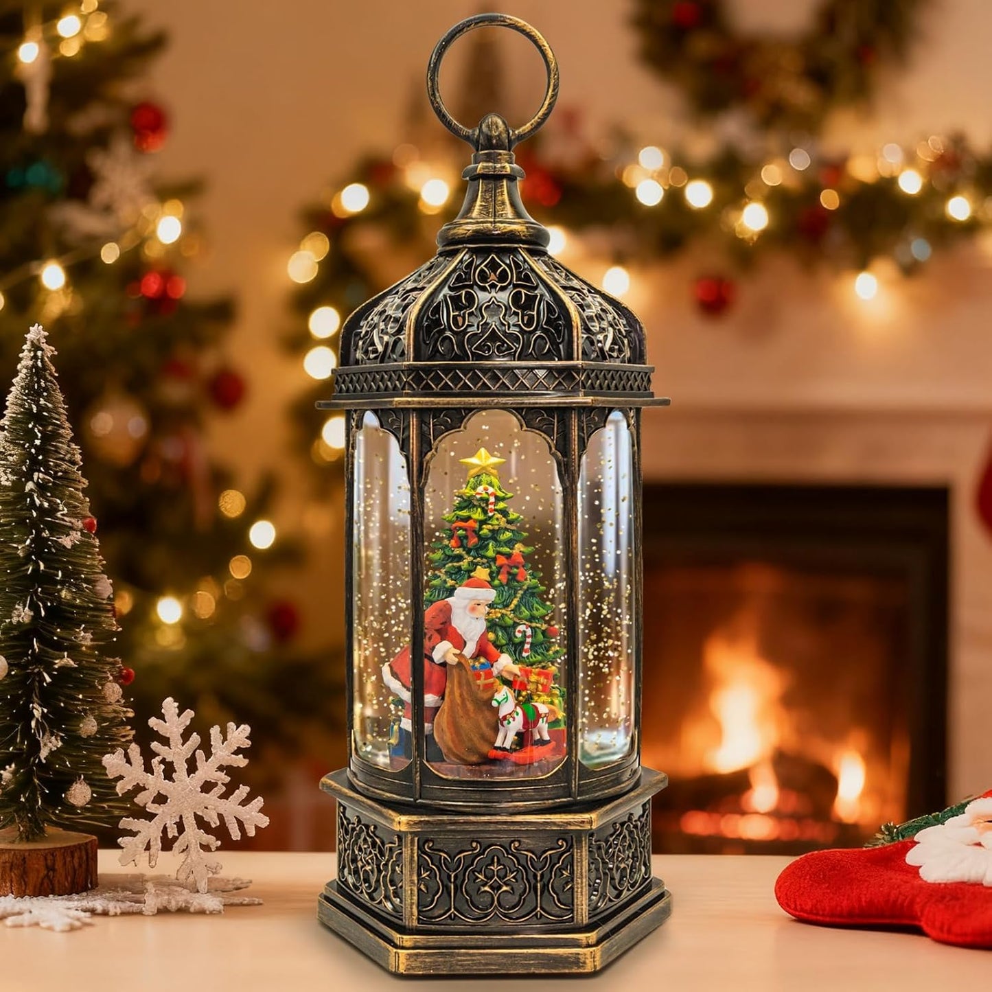 Christmas Snow Globes Lantern, Church and Christmas Tree Christmas Decorations Indoor, 6H Timer Battery & USB Powered Light Up Musical Snow Globes for Kids Women Adults Gift Thanksgiving Home Decor