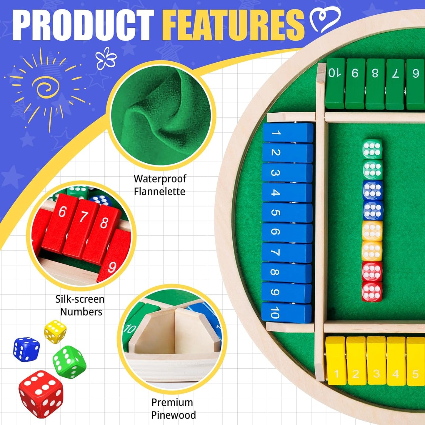 Shut The Box Dice Game,2-4 Player Family Wooden Board Table Math Games, 8 Dices Classics Tabletop Version Games for Classroom,Home,Party or Pub - Brown
