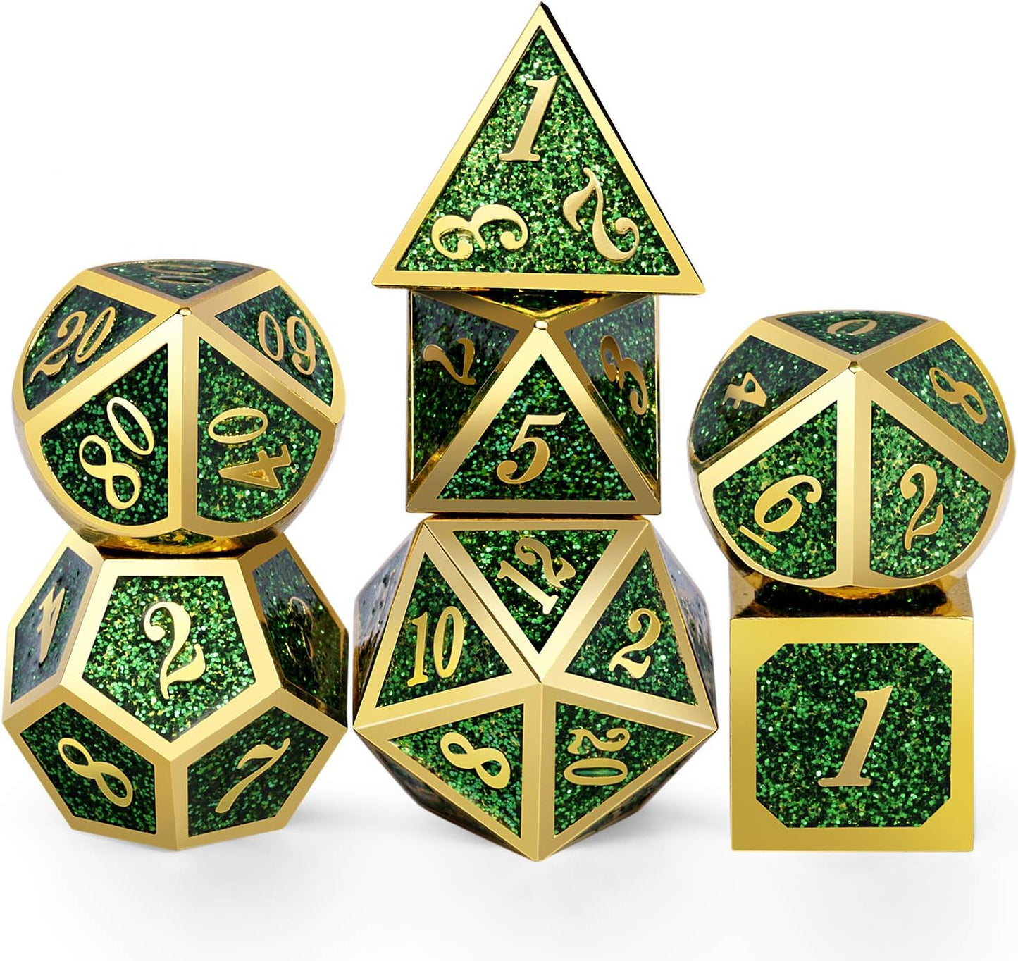DnDnD Heavy Polyhedral Metal Dice Set with Metal Box, 7-die Shiny Blue Surface with Golden Number for RPG,Dungeons and Dragons,Pathfinder,Shadowrun,D&D,Role Palying Game and Math Teaching - Colors B