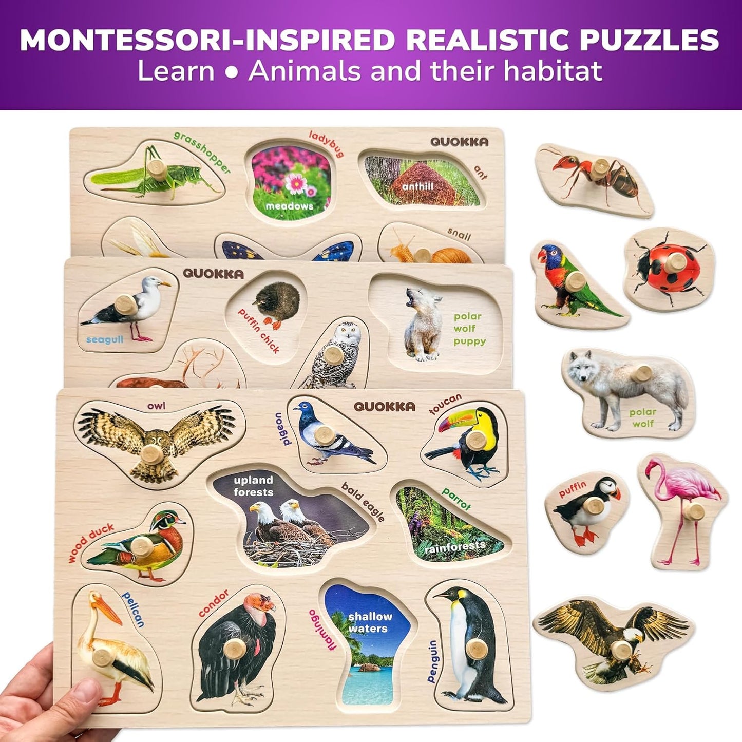 QUOKKA Wooden Puzzles for Toddlers 1-3 - 6XSET Toddler Puzzles Ages 2-4 with Rack - Learning Alphabet - Numbers - Animals Montessori Toy for Kids 3-5 - Wood Games Gift for Boys and Girls