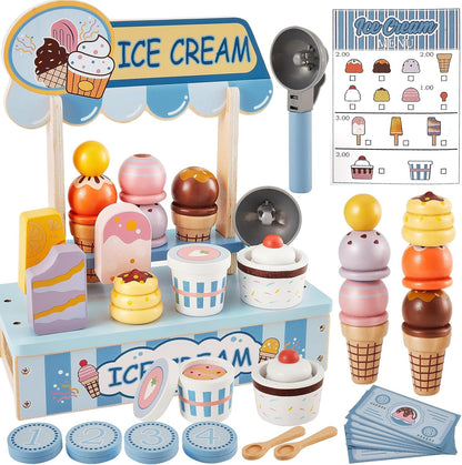 HERSITY Wooden Ice Cream Counter Pretend Play Food for Toddlers 3-5, Ice Cream Shop Stand Popsicle Toy Set Gifts for 3+ 4 5 6 Year Old Girls Boys, Pink