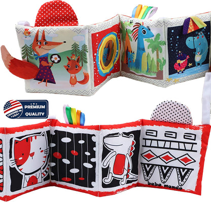Bebe Mondo Teddy Bear Tummy Time Toy with Mirror, Soft Baby Book for 0-3-6-12 Months, Infant Sensory Developmental Toy, Shower Baby Gifts,Activity Quiet Cloth Book for Newborns,1-2 Year Old Book-Night