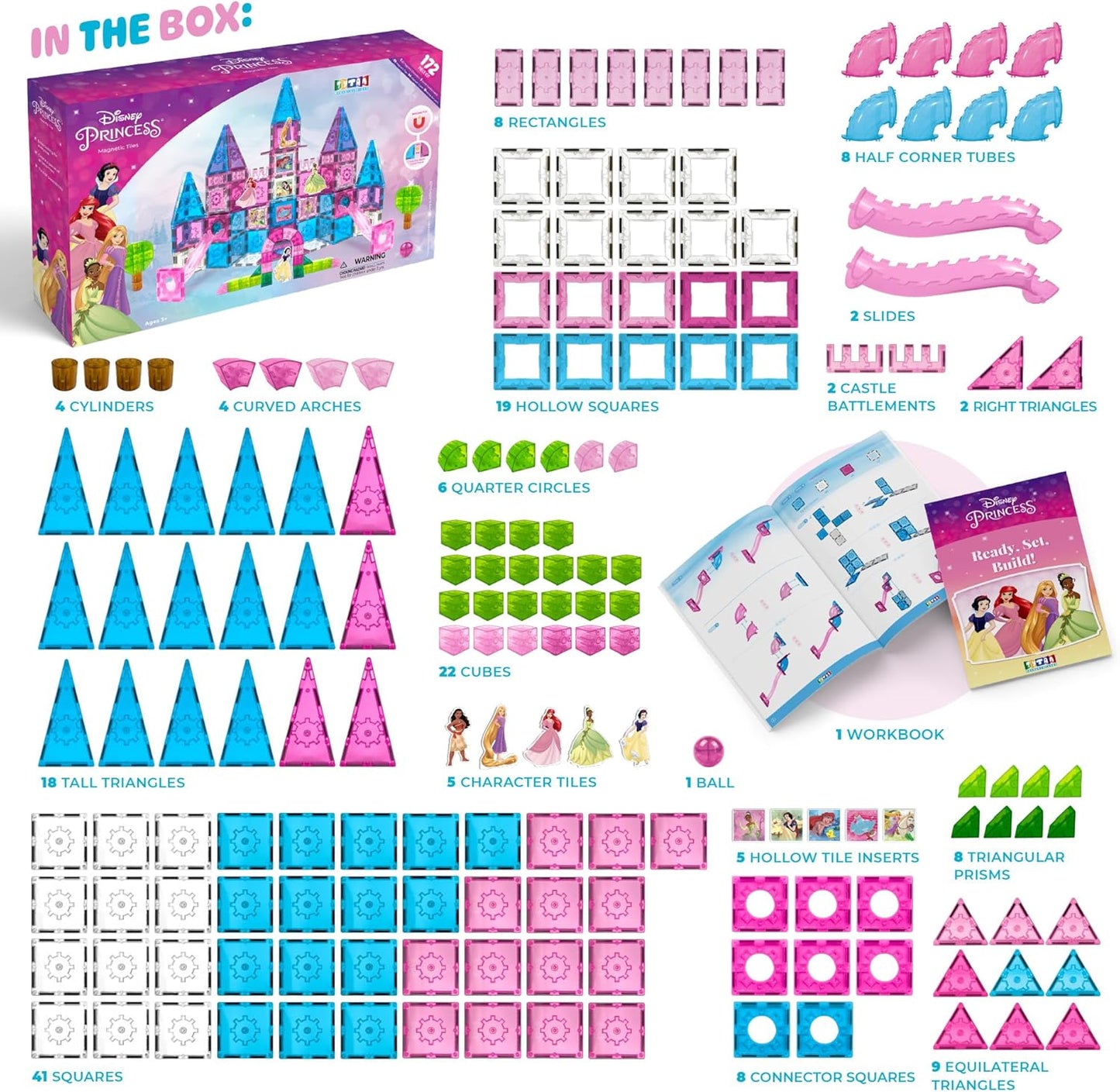 Disney Princess Toys Magnetic Tiles Castle Set - 172-Piece STEM Building Toy with Ariel, Moana, Snow White, Tiana & Rapunzel Characters, Marble Run Slides, Disney Toys for Girls Ages 3+