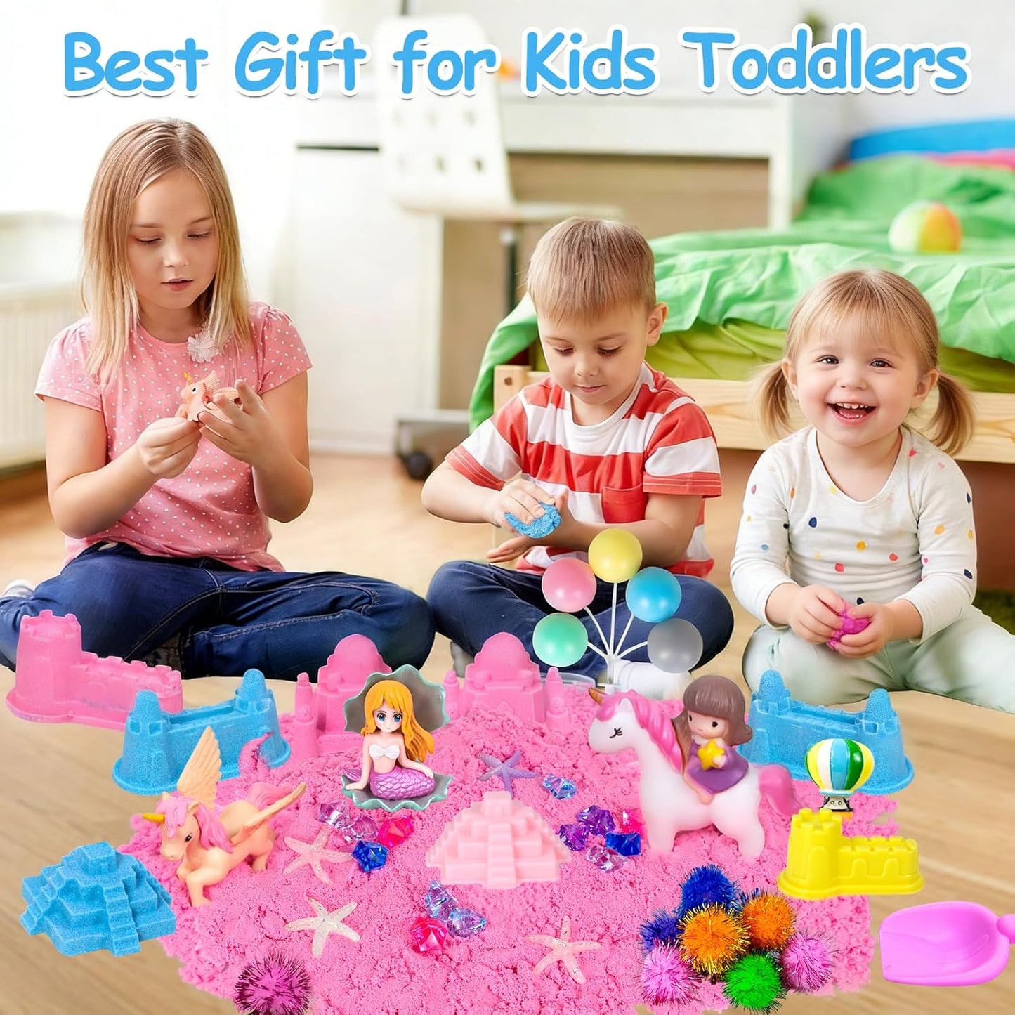 Sensory Bin, 48Pcs Unicorn Sandbox with Lid Play Sand Art Kits for Girls Toddlers Sensory Toys with Magic Sand, Unicorns, Mermaid, Cleaning Tools, Birthday Gifts for Kids Age 3 4 5 6 7 8