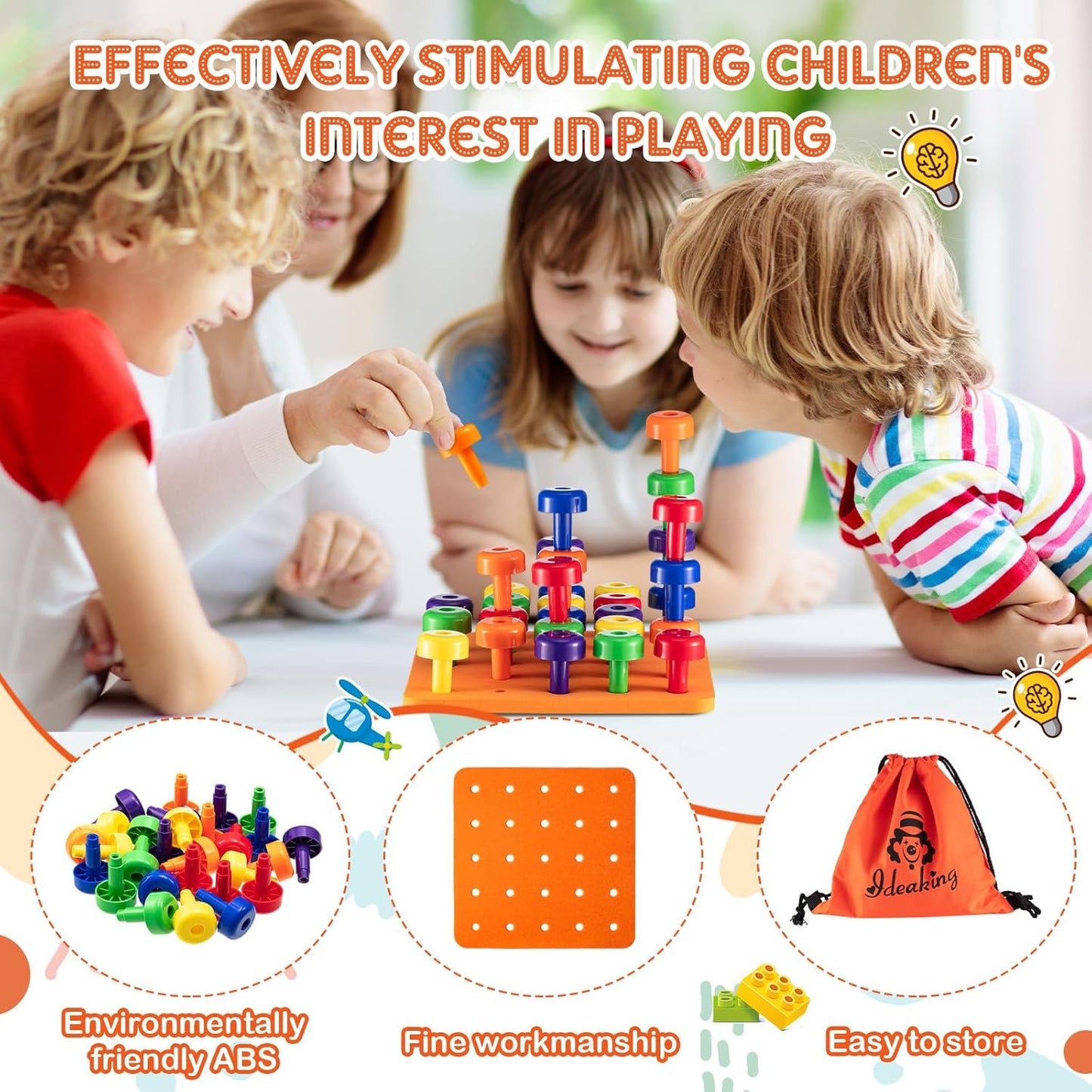 Shappy Toddler Peg Board Kids Montessori Colorful Stackable Toys 120 Pcs Pegs with 4 Foam Board 4 Learning Educational Toy for Preschool Color Recognition Counting Skill(Orange)