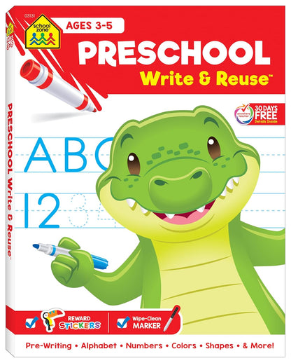 School Zone Preschool Write & Reuse™ Workbook: 52 Wipe-Clean Pages, Spiral-Bound, Letters, Numbers, Early Math, Tracing & Writing, Ages 3–5, Includes Dry-Erase Marker