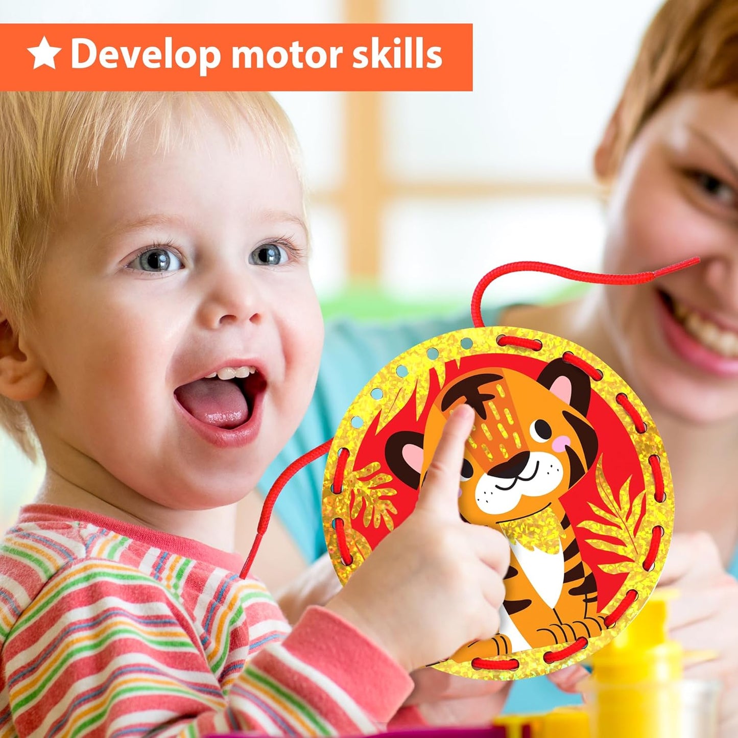 KRAFUN My First Lacing Cards Kit for Toddlers & Kids Age 3+, 10 Safari Animal Arts & Crafts Projects, Fine Motor Skills Toys with Lion Monkey Elephant Tiger Giraffe Hippo Zebra Bear