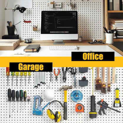 Spampur Peg Board, 4 Pack Metal Pegboard Panels with 50 Hooks, Black Pegboards Wall Organizer, Heavy Duty Peg Board for Walls Home, Garage Tool Storage, Office Organization, Craft Room, Kitchen