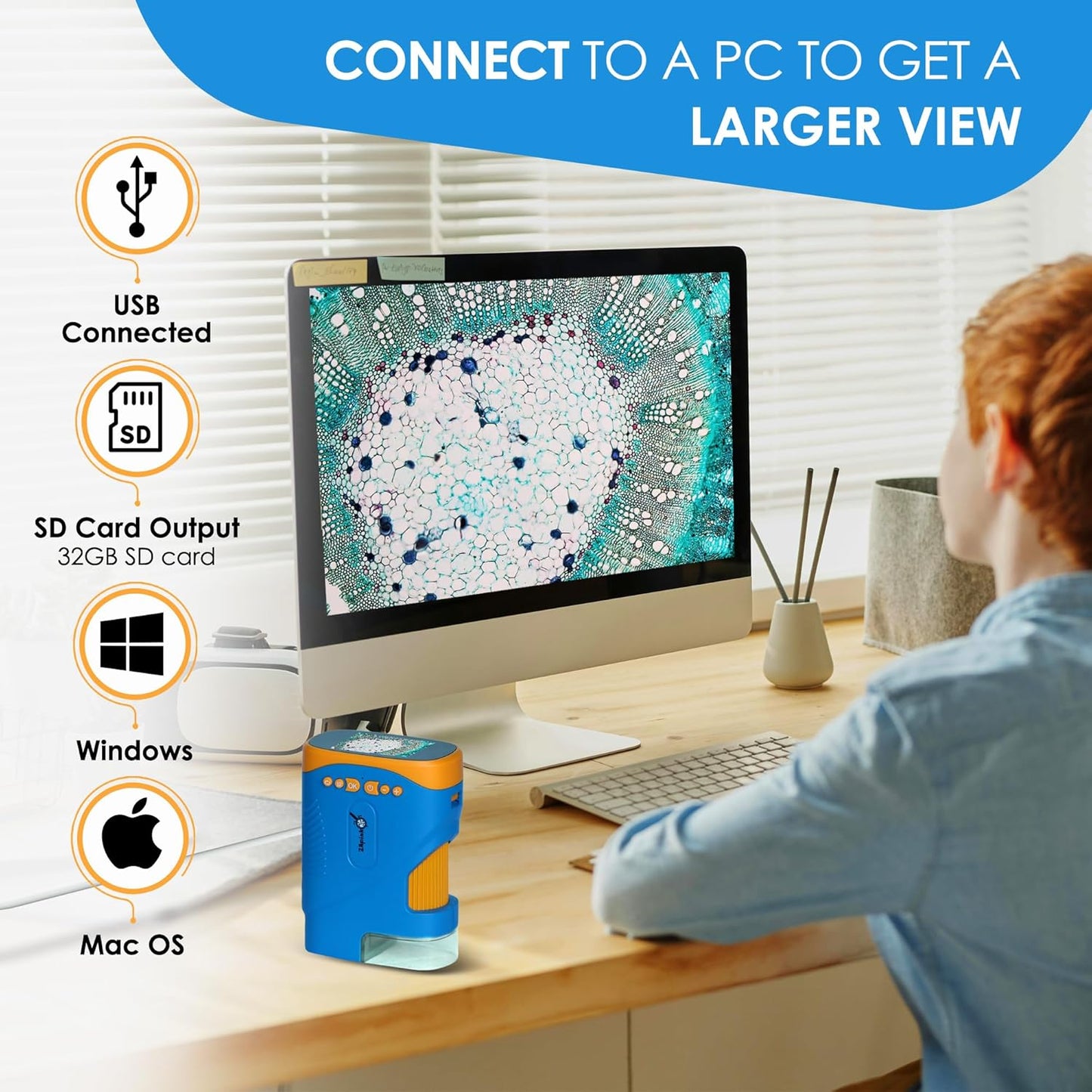 1000X Rechargeable Handheld Digital Microscope for Kids – Portable STEM Science Toy Gift with Carrying Case and USB Camera, 12 Prepared Slides, Adjustable Stand (Galaxy Blue)