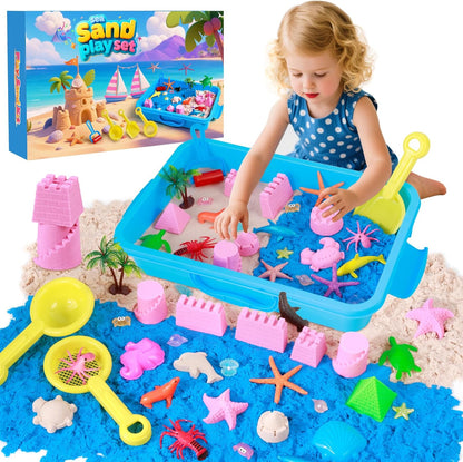 Mikiwon Ocean Sensory Bin, Sandbox Play Sand Art Kit with 1.65lbs Play Sand, Sea Animal Toys Molds, Sensory Play for Girls Boys Age 3 4 5 6 7 8, Beach Toys for Kids Xmas Birthday Gifts