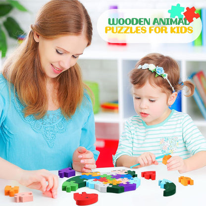 Yunsailing 4 Pcs Alphabet Jigsaw Puzzle Wooden Blocks Toys Alphabet Educational Toddler Puzzle Toys for Preschool Learning Party Favor Gift Learning (Snake, Snail, Duck, Leopard)