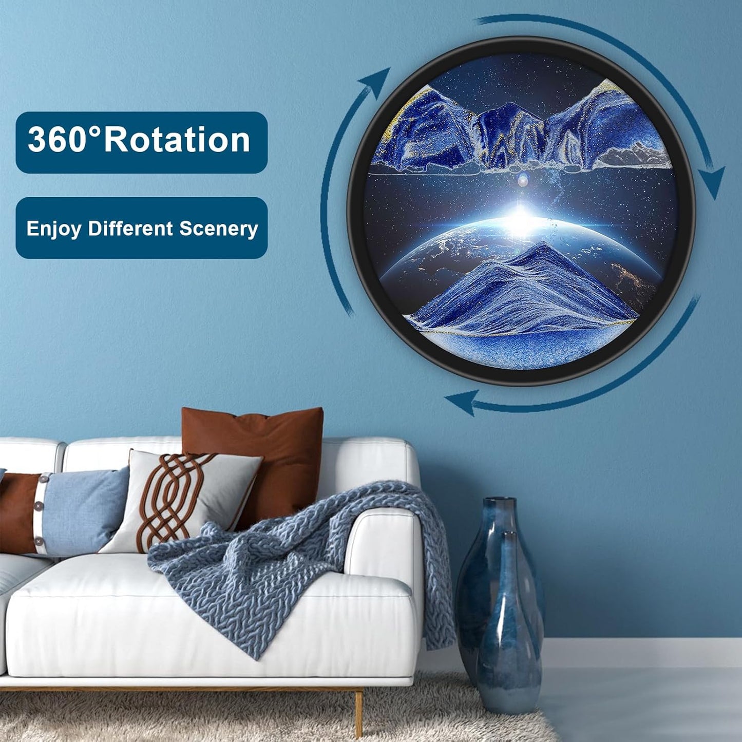 17.3" Moving Sand Art, 3D Sand Art Pictures Deep Sea Sandscape Living Room Decoration, 360° Rotate, Glass Crafts Solid Wood Frame, Relaxing Mood Home Office Work Wall Art Decor
