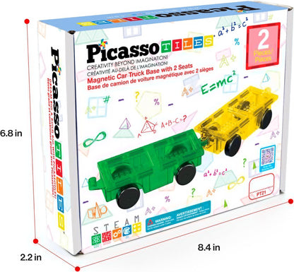PicassoTiles 2 Piece Car Truck Construction Kit Toy Set Vehicle for Magnetic Blocks Building Tile Sensory Magnet Toys with Re-Enforced Hitch & Long Bed Educational Puzzle Girls Boys Toddlers Ages 3+