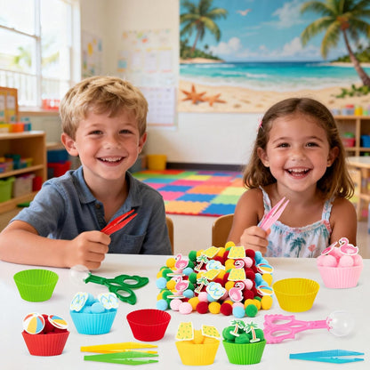 EZdhuawuse Summer Sensory Bin Fillers - 268Pcs Summer Beach Fine Motor Toys Counting Sorting for Kids, Felt Beach Ball Palm Tree Pom Poms Cup Clip for Preschool Education Birthday Gift Party Favors