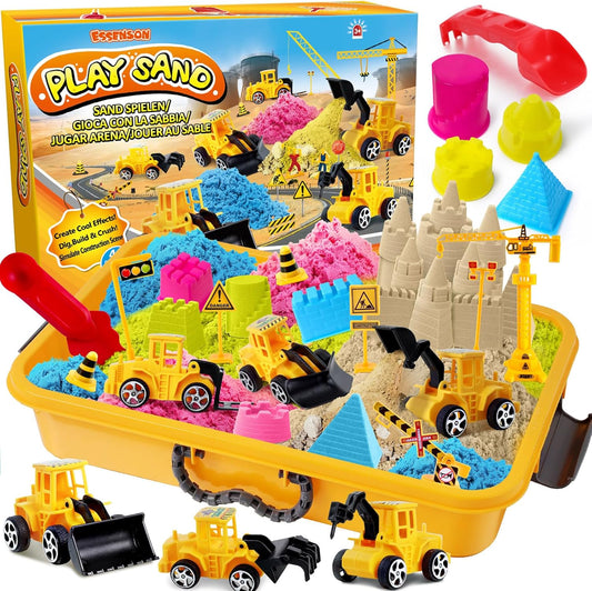 ESSENSON Sensory Bin - Play Sand Kit with Construction Set Toy Truck and 4lbs Magical Sand, Pretend Play Beach Sensory Toy Sandbox, Kids Gifts for Girls and Boys