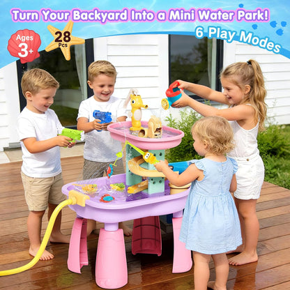 Toddler Water Table for Kids - Sand and Water Table with 28PCS Toy Accessories & Rain Shower Sprinkler, Outdoor Sensory Water Play Table, STEM Toy Summer Gift for Boys Girls Ages 3-8