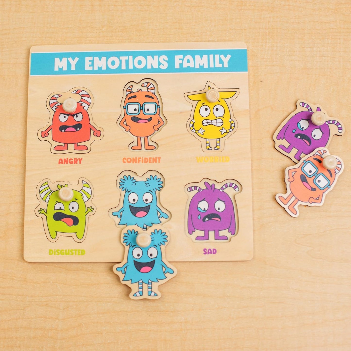 Open The Joy My Emotions Family Peg Puzzle – Emotional Recognition & Social Skills Puzzle for Kids | Montessori-Style Wooden Puzzle with 6 Emotion Pieces | Ages 4+