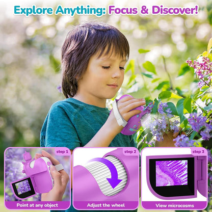 Digital Microscope for Kids Handheld Miniscope - 4K 2.0" Screen Rechargeable 1000X Mini Pocket Portable Magnifying Glass Edu Learning Science Toy Gift with Slides Kit 4-12 Children Students (Violet)