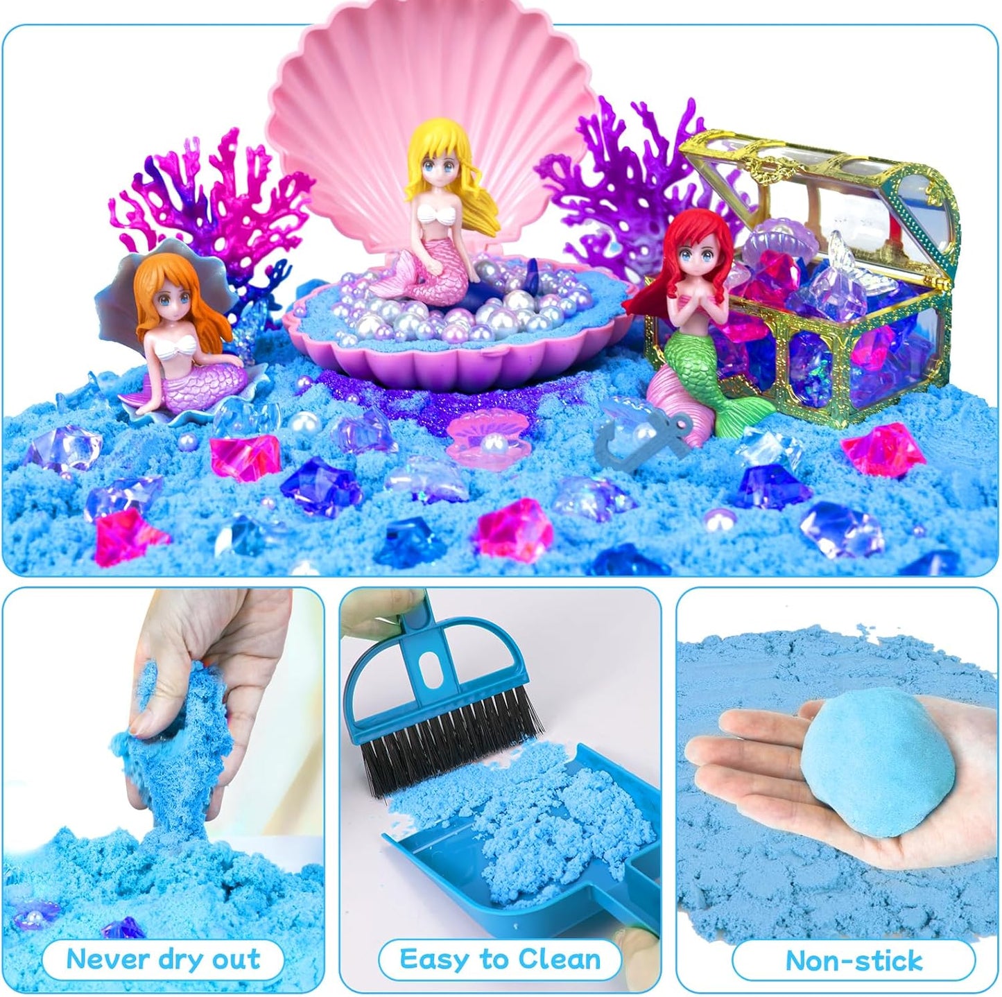 Play Sand Kit for Girls, Ice Cream Sensory Bin Sandbox, Creative Bake Shop with 2.2lbs Magic Sand, Ice Cream & Cake Models, Cleaning Tools, Pretend Beach Cake Stand Toys Gift for Toddler Ages 3-8