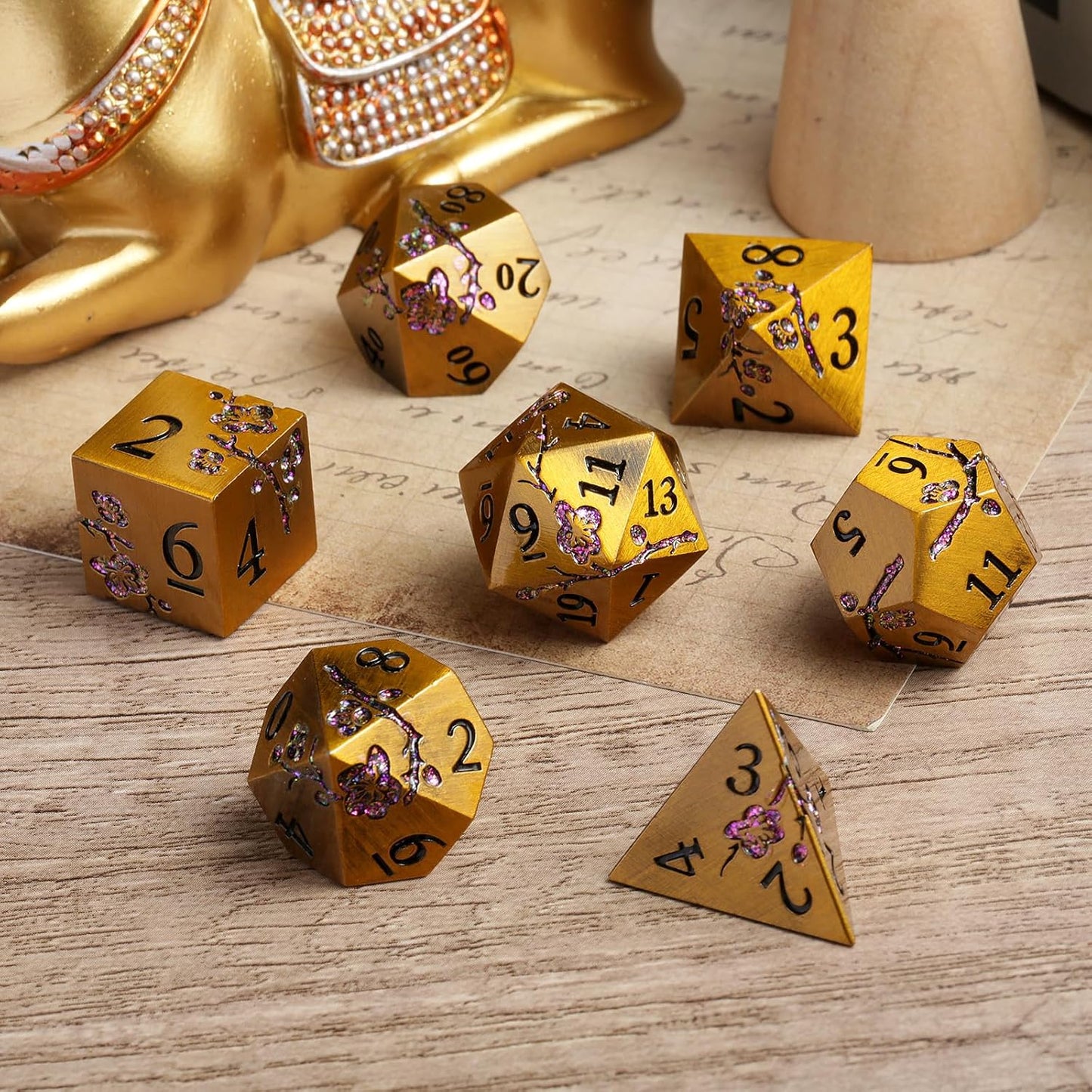 DnDnD Heavy Polyhedral Metal Dice Set with Metal Box, 7-die Shiny Blue Surface with Golden Number for RPG,Dungeons and Dragons,Pathfinder,Shadowrun,D&D,Role Palying Game and Math Teaching - Colors A