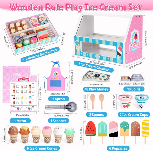 Ice Cream Toy, Wooden Ice Cream Play Set with Aprons, Fake Money, Scoop, Menu, Ice Cream Toys Pretend Play Toys for Girls Boys, Wooden Play Food Set Toy Kitchen Gifts for 3 4 5 6 Year Old Toddlers