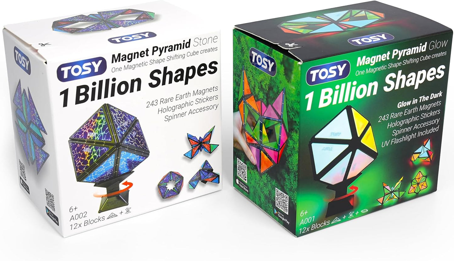 TOSY Magnet Pyramid Stone - 1 Cube Transforms into 1 Billion Shapes (Bunny, Egg Basket, Flowers, Heart), Easter Birthday Gift, 12 pcs, 243 Magnets, Holographic Design, Puzzle/STEM Toy