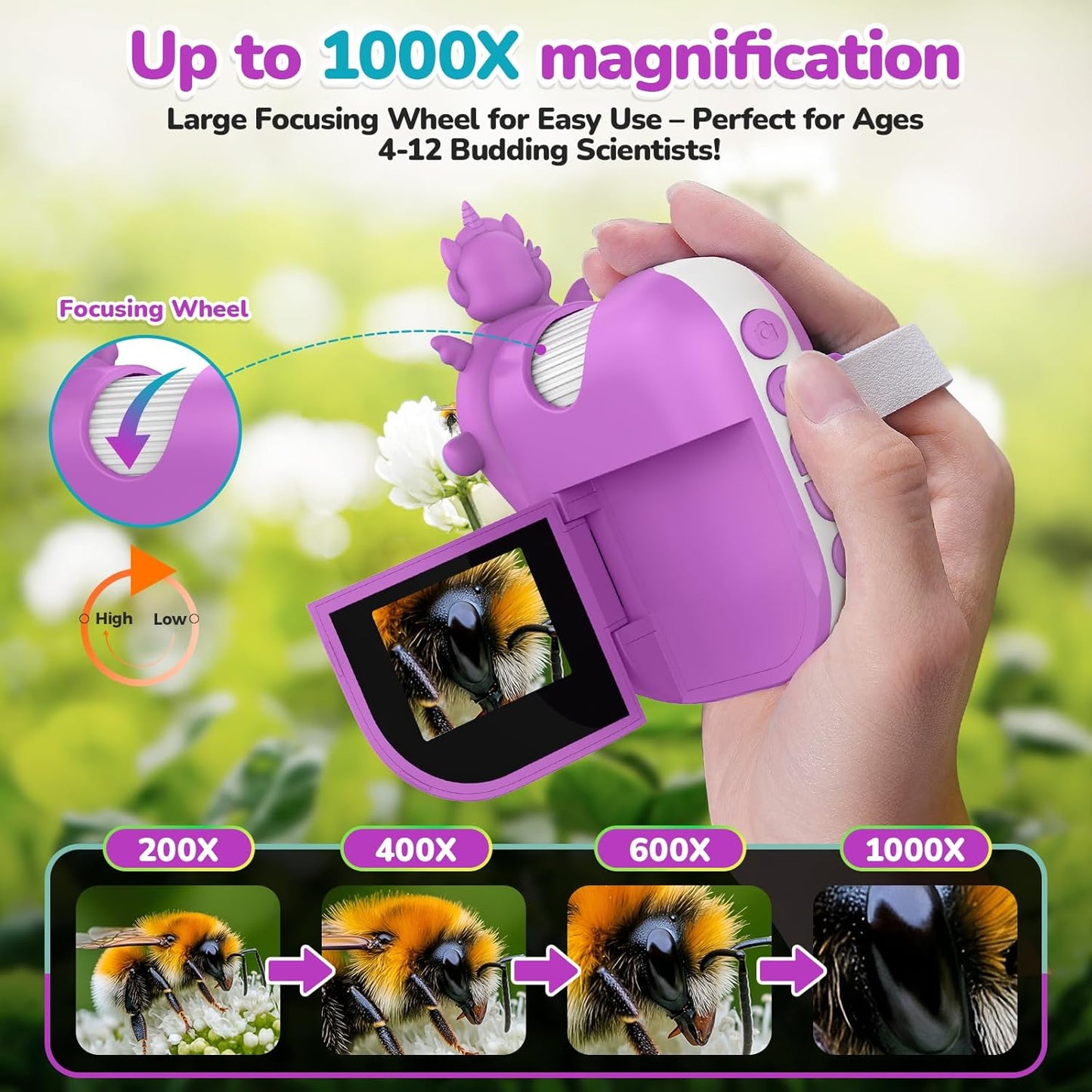 Digital Microscope for Kids Handheld Miniscope - 4K 2.0" Screen Rechargeable 1000X Mini Pocket Portable Magnifying Glass Edu Learning Science Toy Gift with Slides Kit 4-12 Children Students (Violet)