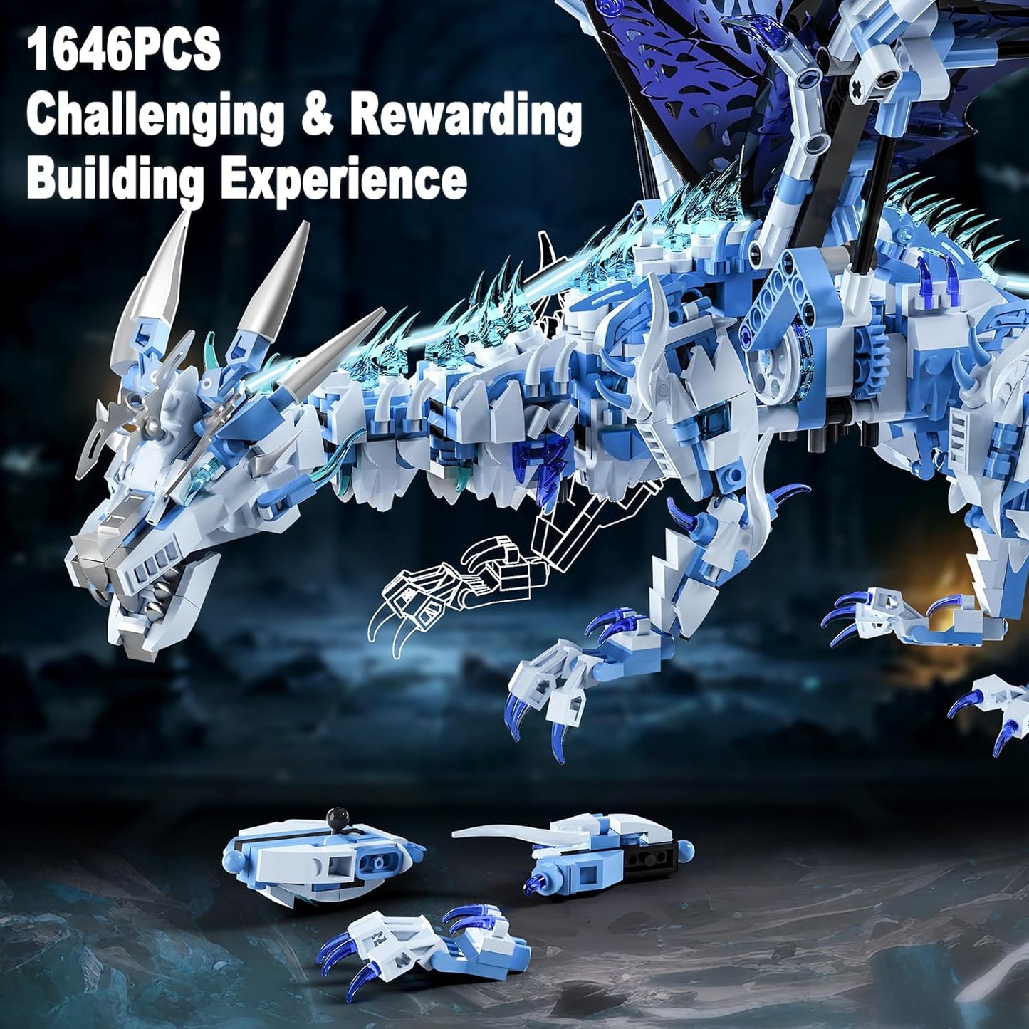 1085-PCS Mechanical Piranhas Fish Building Set with LED Light, Movable Linkage Gears, Display Stand,Mechanical Fish
