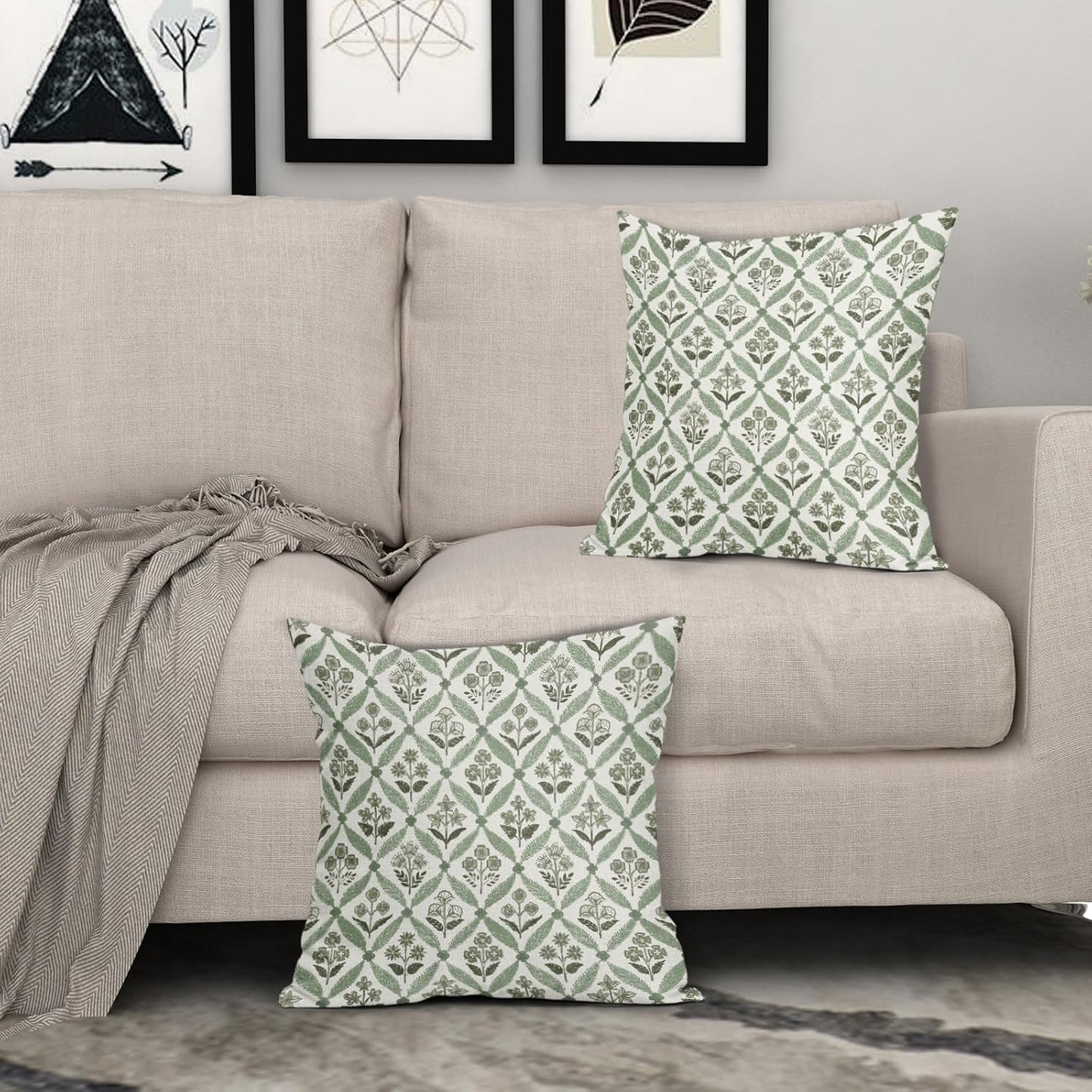 Blue Green Floral Block Print Pillow Covers 12X20 Set of 2, Flower Pattern Spring Summer Print Decorative Throw Pillow Covers Outdoor Farmhouse Seasonal Cushion Case Couch Sofa Bed Decor
