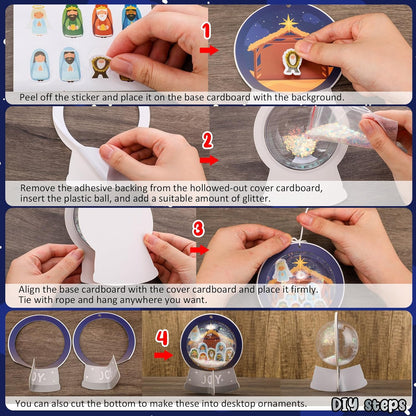 Threehoney 24 Pack Easter Nativity Craft Kit for Kids Toddler Jesus Birth Advent DIY Snow Globe Hanging Ornament with Glitter Sequin Paper Religious Holiday Classroom Decor(Joy,Silver)