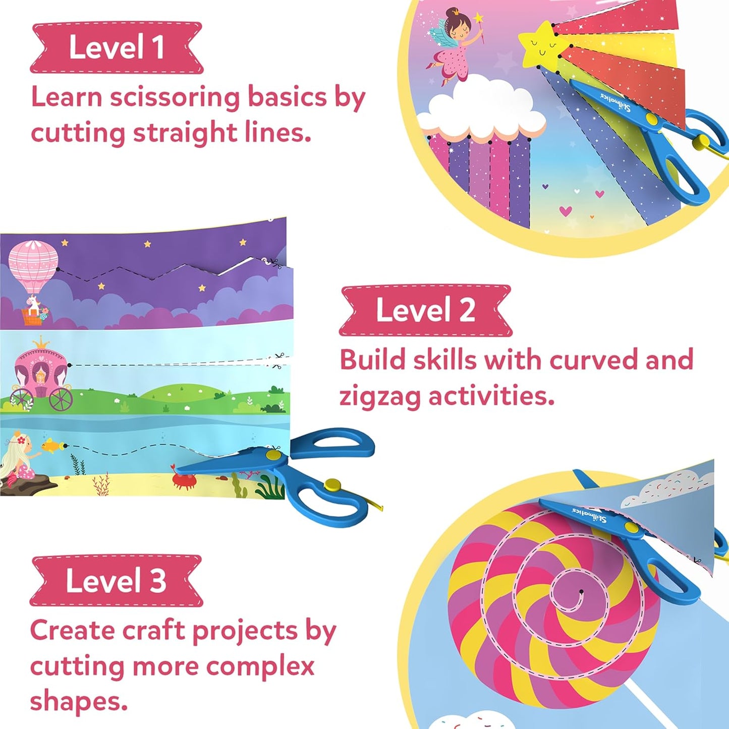 Skillmatics Scissor Skills Activity Book - Snip Snip, 25 Cutting Activities for Preschoolers, Felt Craft Kit, 2 Child-Safe Scissors, Fine Motor Skills, Screen-Free Fun, Gifts for Kids Ages 3-7