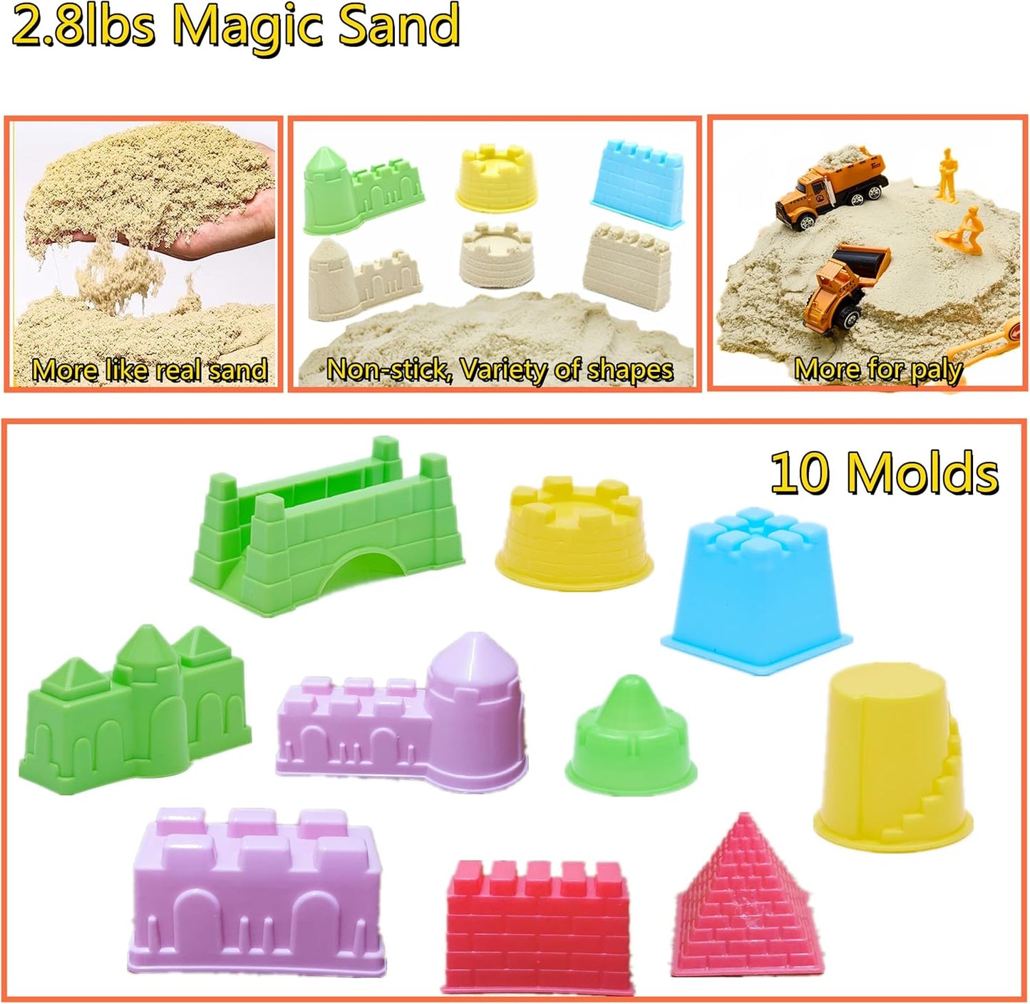 Play Construction Sand Kit, 2.2lbs Magic Sand, 6 Alloy Trucks,1 Big Semi-automatc Excavator,1 Race Truck 100 Tracks,10 Castle Molds,1 Sandbox mat,1 Storage Box, Sensory Toys for Kids Ages 3+