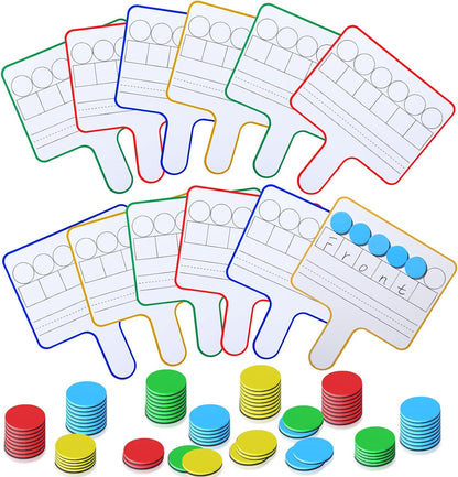 Seajan 12 Pcs Paddle Set Education Dry Erase Double Side Handheld Answer Board with Magnetic Counters Discs Phonemic Awareness Phonics Games Toy for Students Kids Teaching (Classic Color)